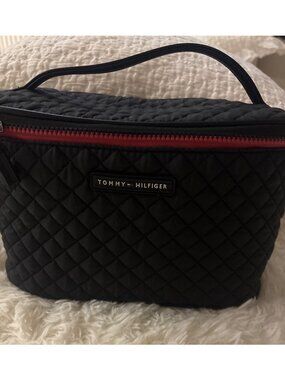 Tommy Hilfiger Quilted Cosmetic Bag Red Zipper Handle  Black Travel Organizer